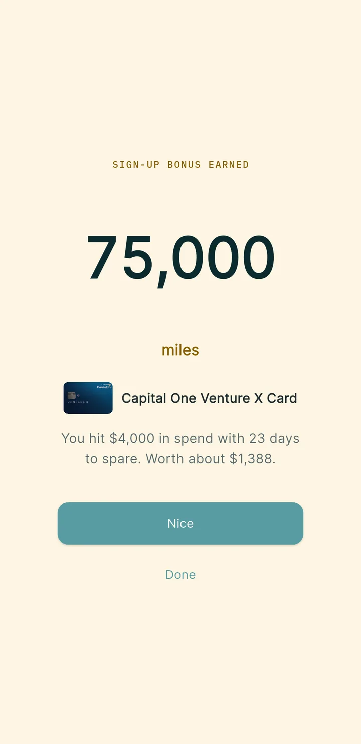 Mobile Sign-Up Bonus earned milestone celebration