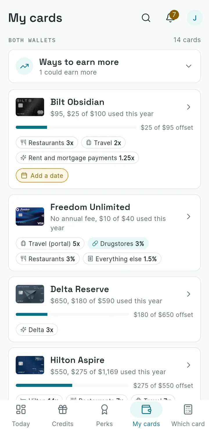 Mobile My Cards showing Both Wallets filter with purple partner badge