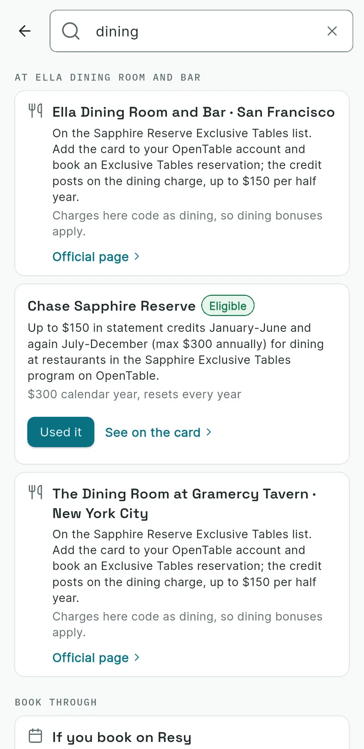 Universal Find search results for dining across wallet