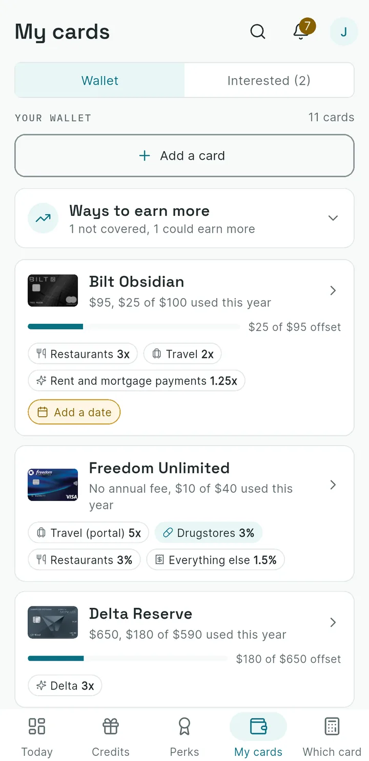 Mobile My Cards wallet list with active bonus tracker