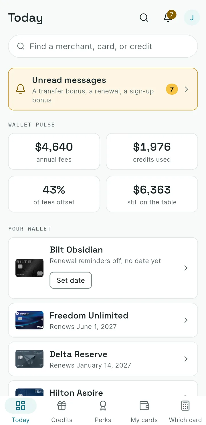 Today dashboard showing Wallet Pulse and expiring credits