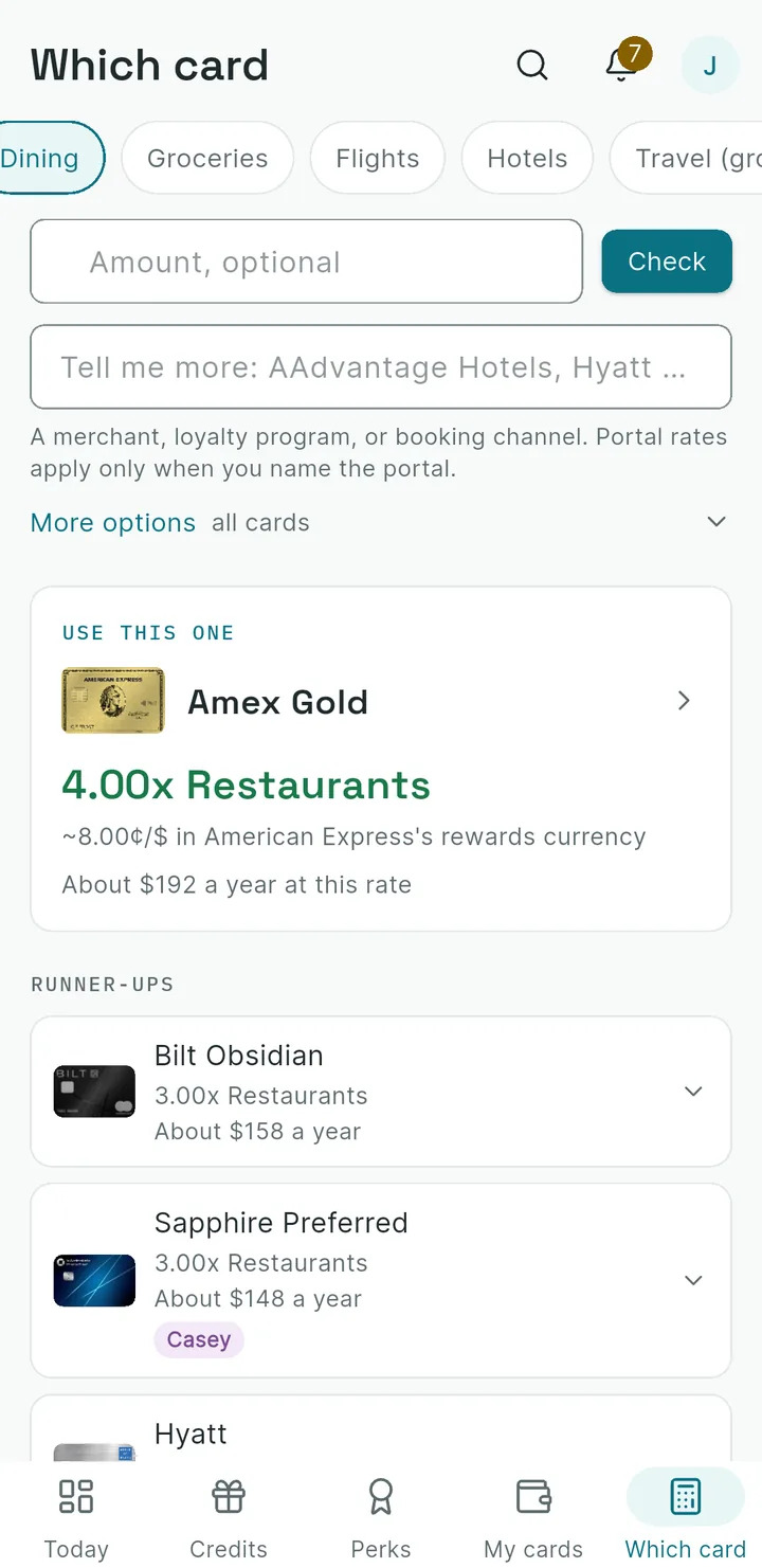Mobile Which Card screen ranked for dining spend