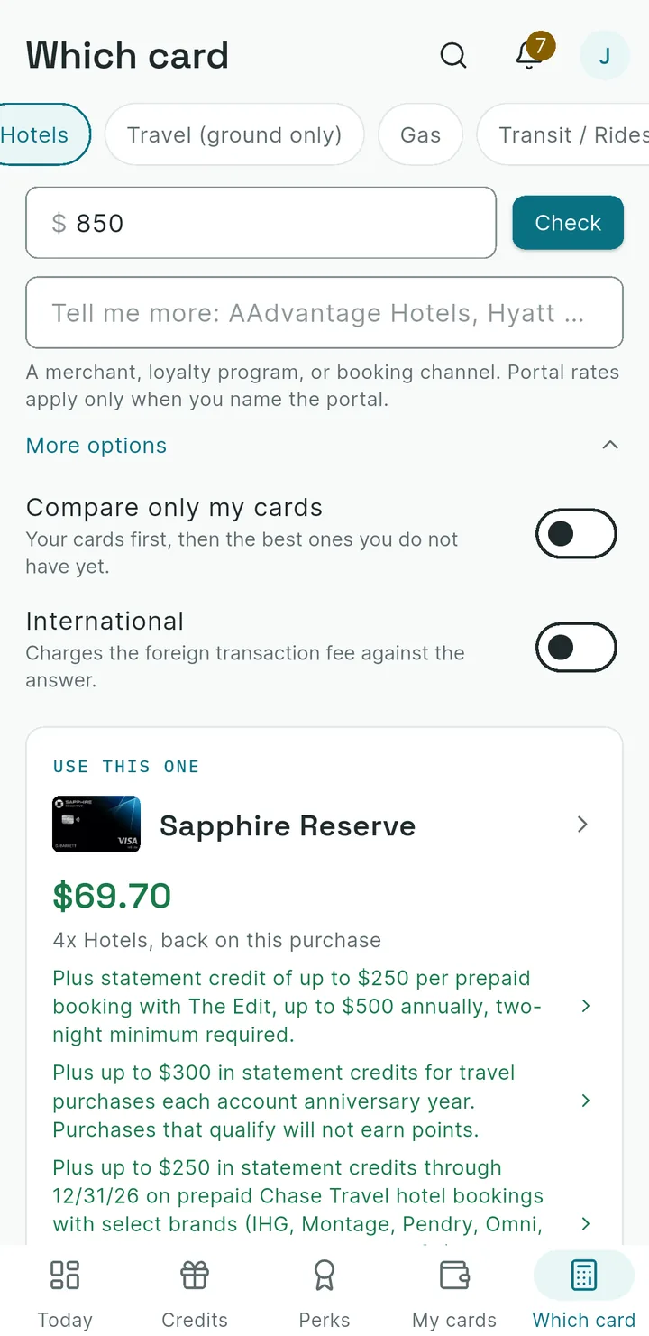 Mobile single purchase calculator for an $850 hotel stay