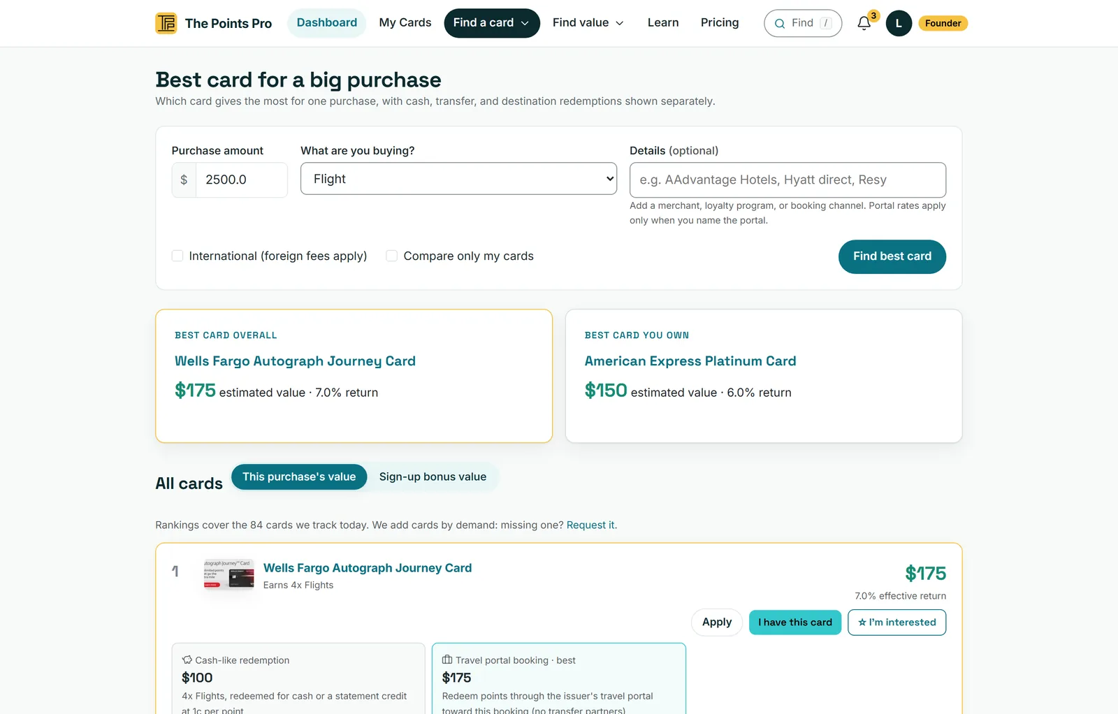 Web Big Purchase Planner comparing cash, portal, and transfer value on a $2,500 flight