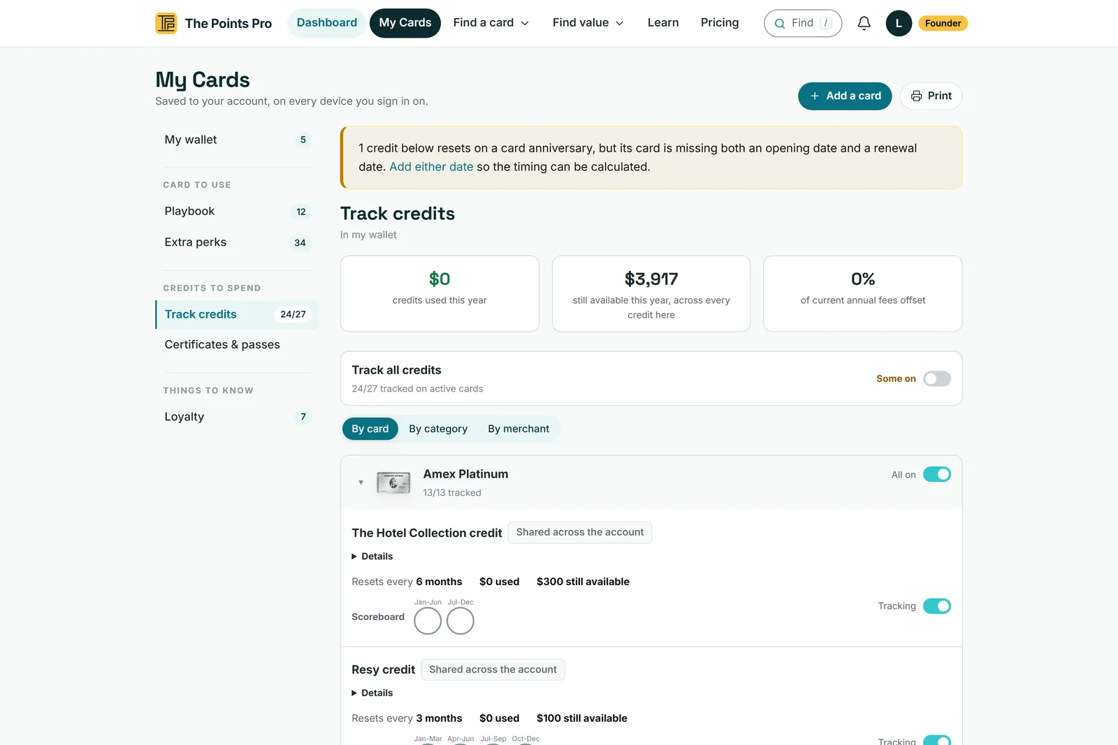 Web Track Credits scoreboard with Amex Platinum per-period buttons expanded