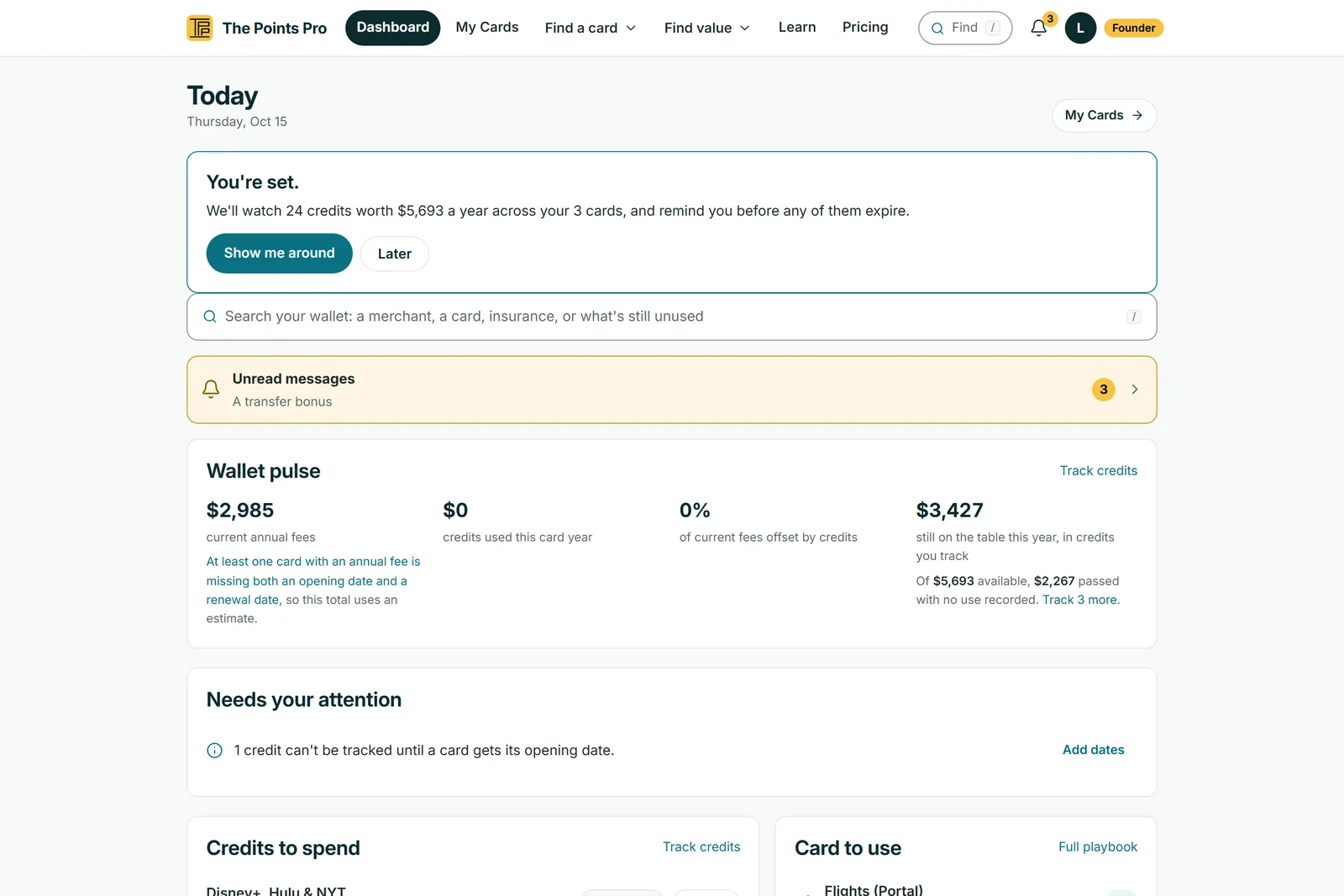 Web Today dashboard with Wallet Pulse and Needs Your Attention