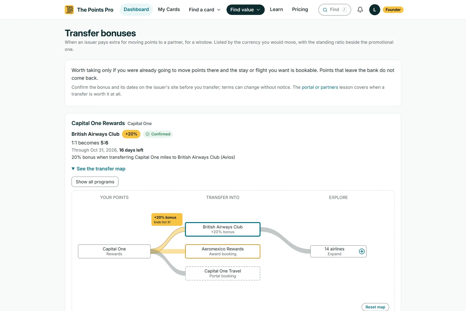 Web Transfer Bonuses page with interactive Sankey transfer map and confirmed live bonuses